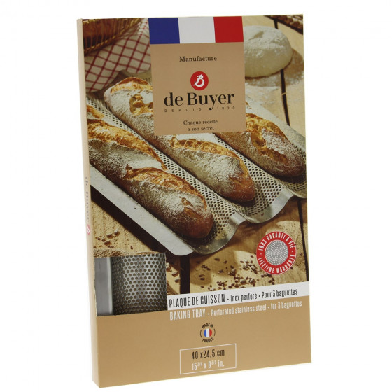 Perforated stainless steel baking tray for 3 baguettes 40x24,5cm