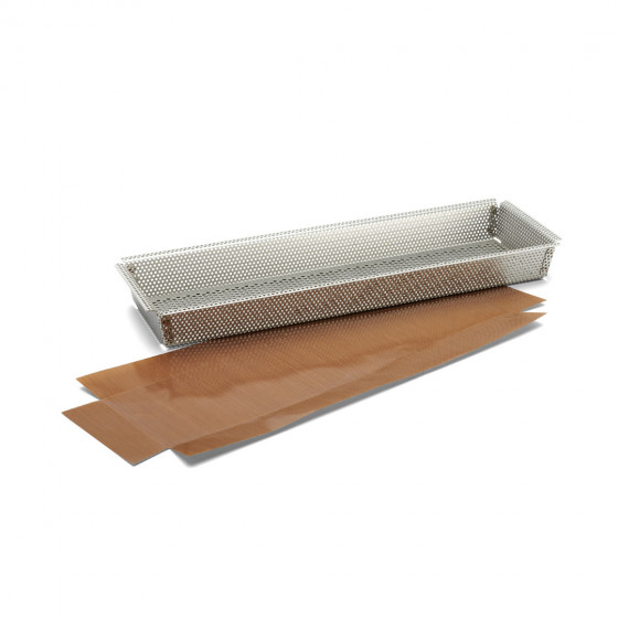 Rechteckige perforierte Backform Edelstahl 35x10,5x3,5cm + 2 Antihaft-Backtrennfolien