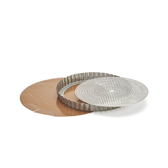 Perforated stainless steel round fluted tart mould Ø24cm + 2 non-stick baking sheets