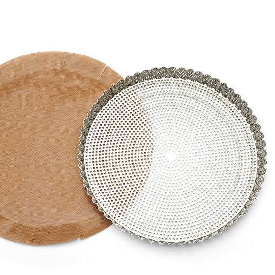Perforated stainless steel round fluted tart mould Ø28cm + 2 non-stick baking sheets