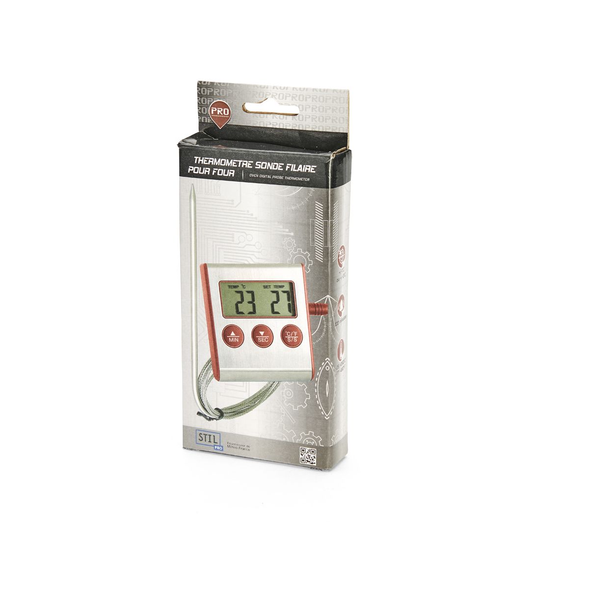 Thermomètre digital à sonde avec fonction minuteur, acier inox