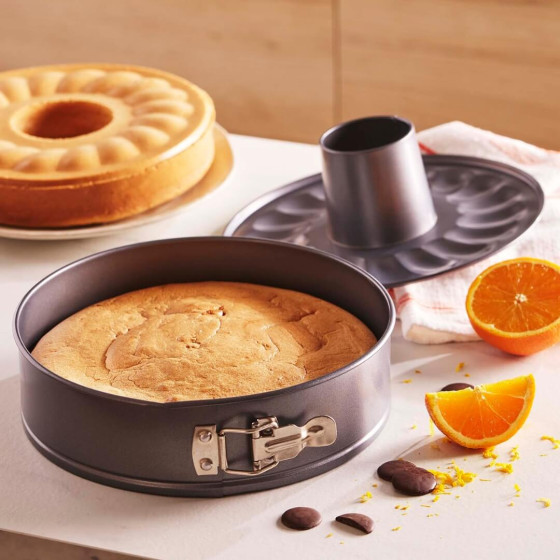Round pastry mould, 2 bottoms savarin/flat, non-stick steel