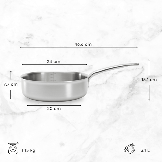 Stainless steel straight sauté-pan ALCHIMY Ø24cm