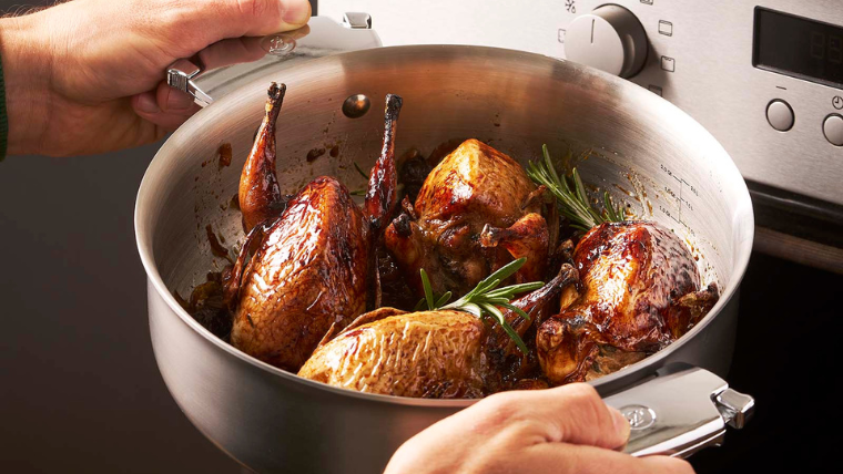 Stuffed quails, caramelized onions, and porcini mushrooms