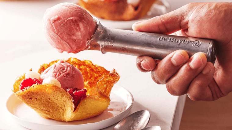 Raspberry-lychee ice cream and orange tuiles