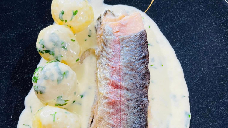 Trout Fillet in Hay Crust with Creamy Horseradish New Potatoes